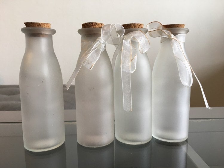 4 glazen flessen met kurk H14,5 cm, Boho, Ophalen of Verzenden, Zo goed als nieuw, Wit