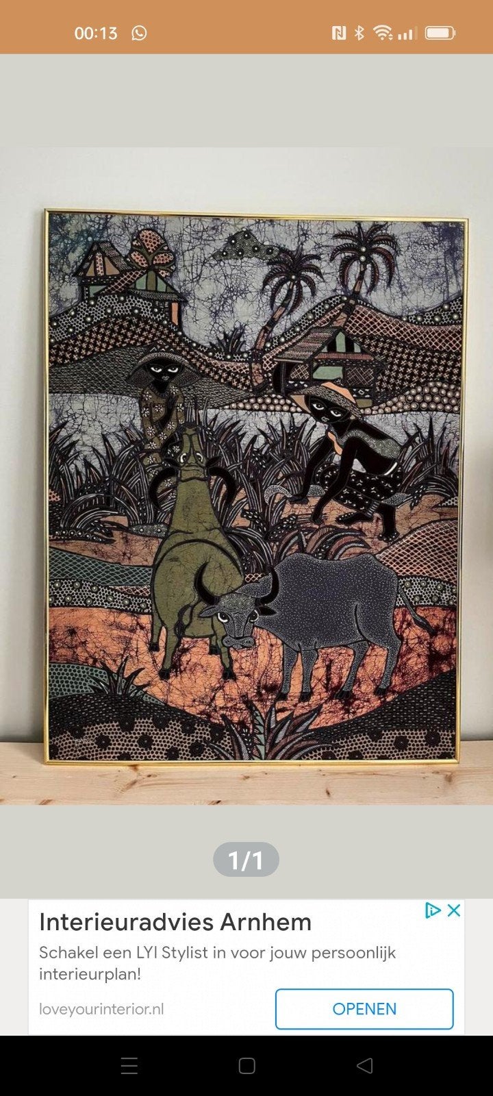Batik Schilderij: Indonesisch Dorpsleven met Buffels, Antiek en Kunst, Ophalen
