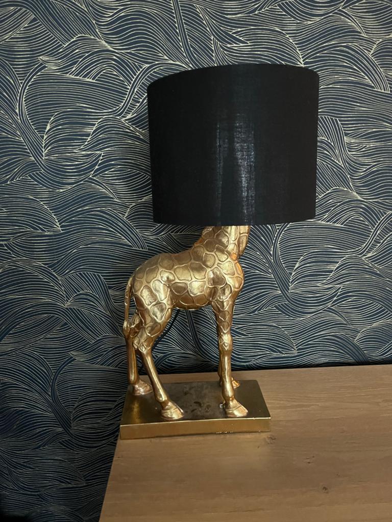 Gouden Giraffe Tafellamp met Zwarte Kap, Ophalen, Zo goed als nieuw, Metaal, 50 tot 75 cm