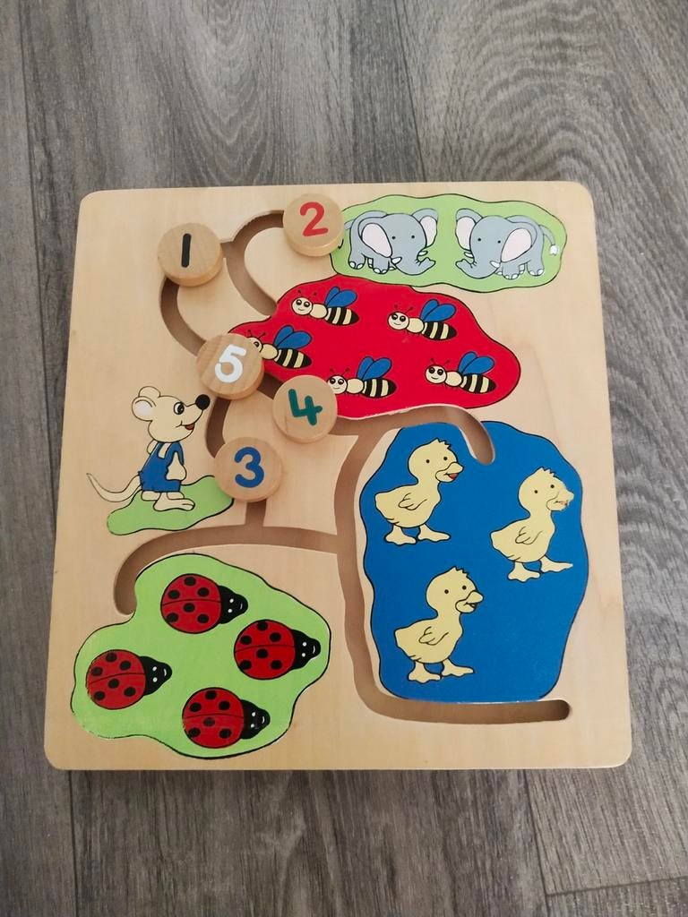 Houten Dieren Puzzel & Telbord - Educatief Speelgoed, 2 tot 4 jaar, Gebruikt, 10 tot 50 stukjes, Ophalen of Verzenden