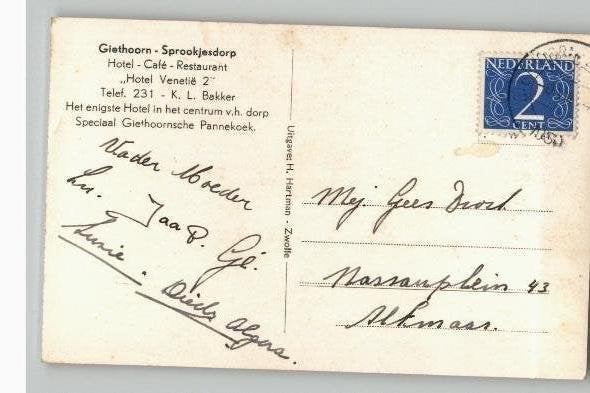 Giethoorn 2 prachtkaarten st 1950 zie info+anekdote, Verzenden, 1940 tot 1960, Gelopen, Overijssel