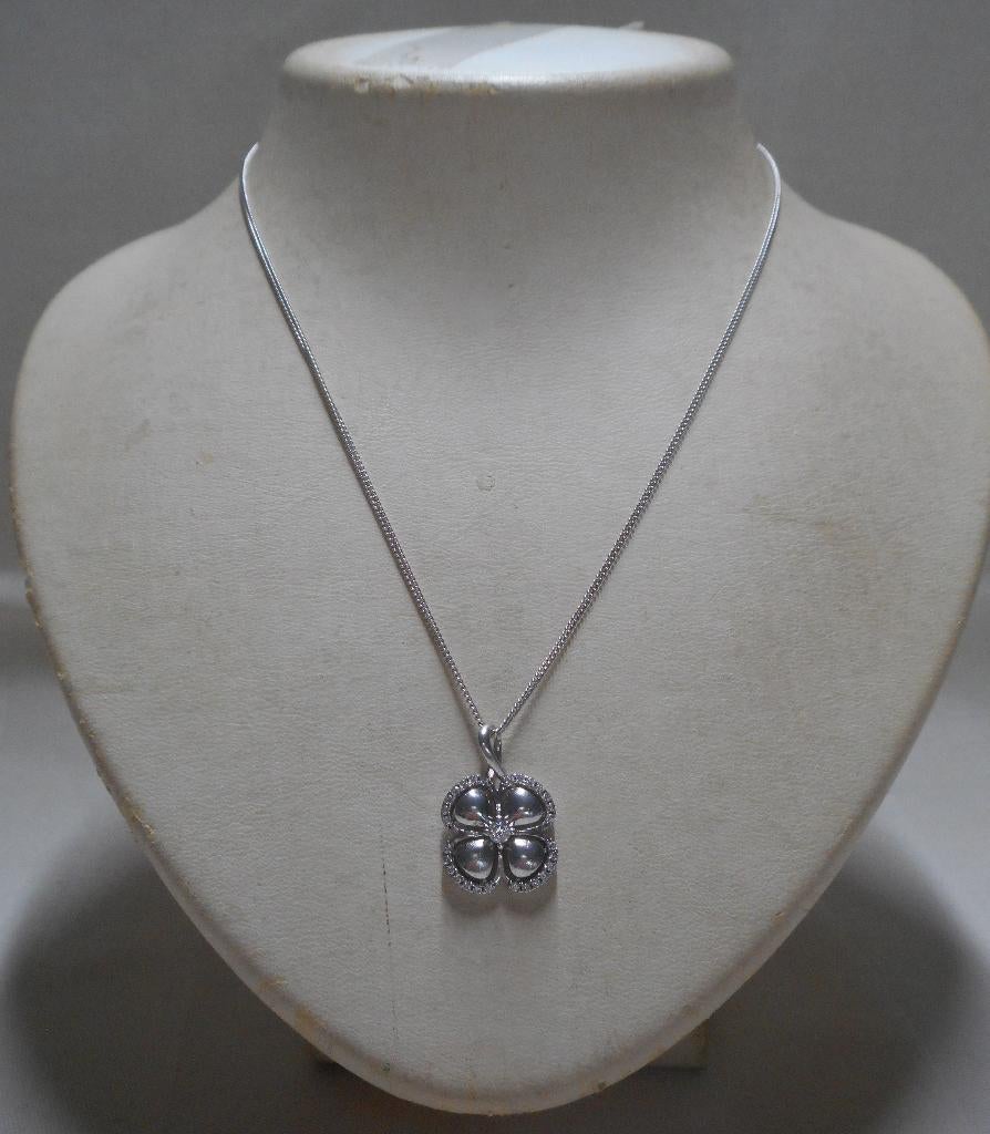 Zilveren ketting met klaver 4 met steentjes nr.075, Met hanger, Verzenden, Zo goed als nieuw, Zilver