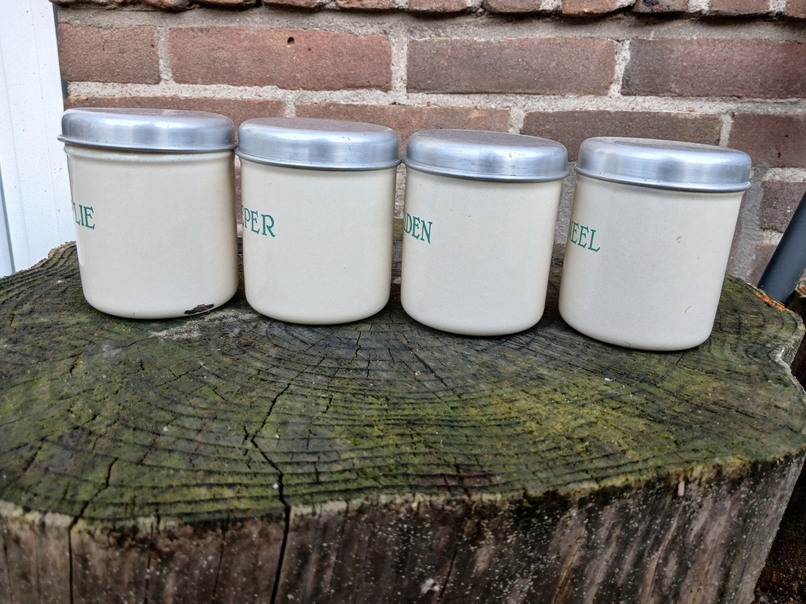 Set van 4 crème emaille kruidenbusjes., Ophalen of Verzenden