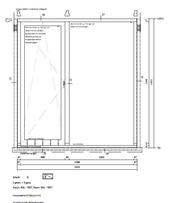 Nieuw gevelkozijn met glazen buitendeur – 2424  2605 mm, Doe-het-zelf en Verbouw, Kozijnen en Schuifpuien, Ophalen, Nieuw, Inclusief glas
