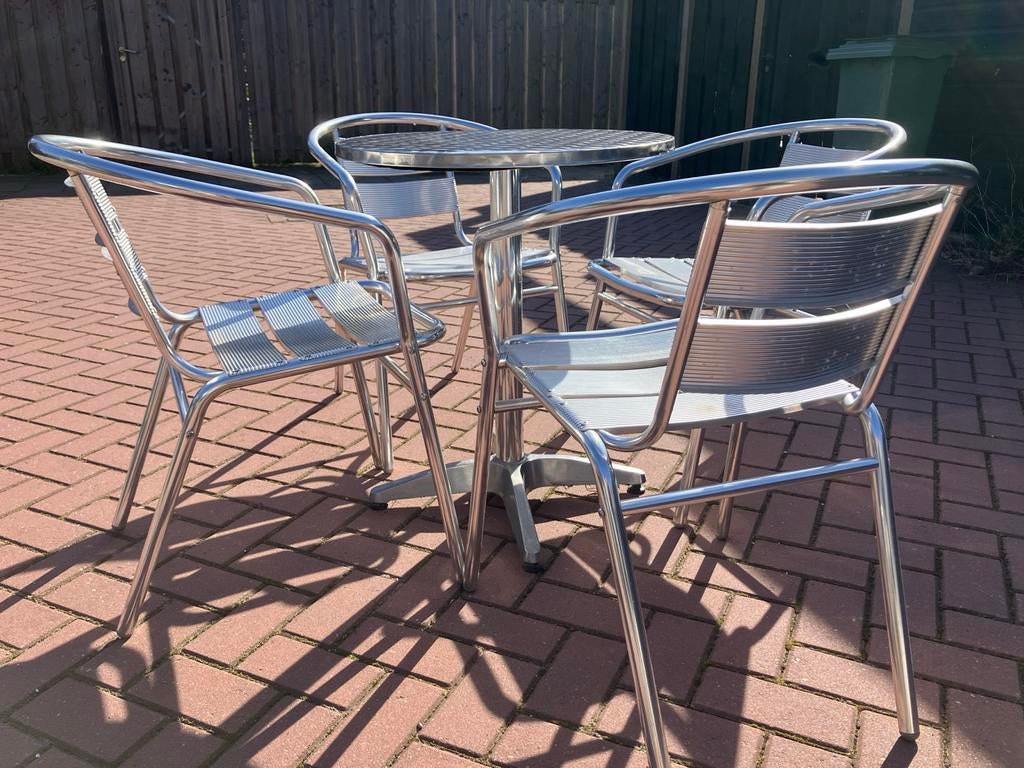 Aluminium bistro tuinset met 4 stoelen, Tuin en Terras, Tuinsets en Loungesets, Ophalen, 4 zitplaatsen, Eettafel, Aluminium