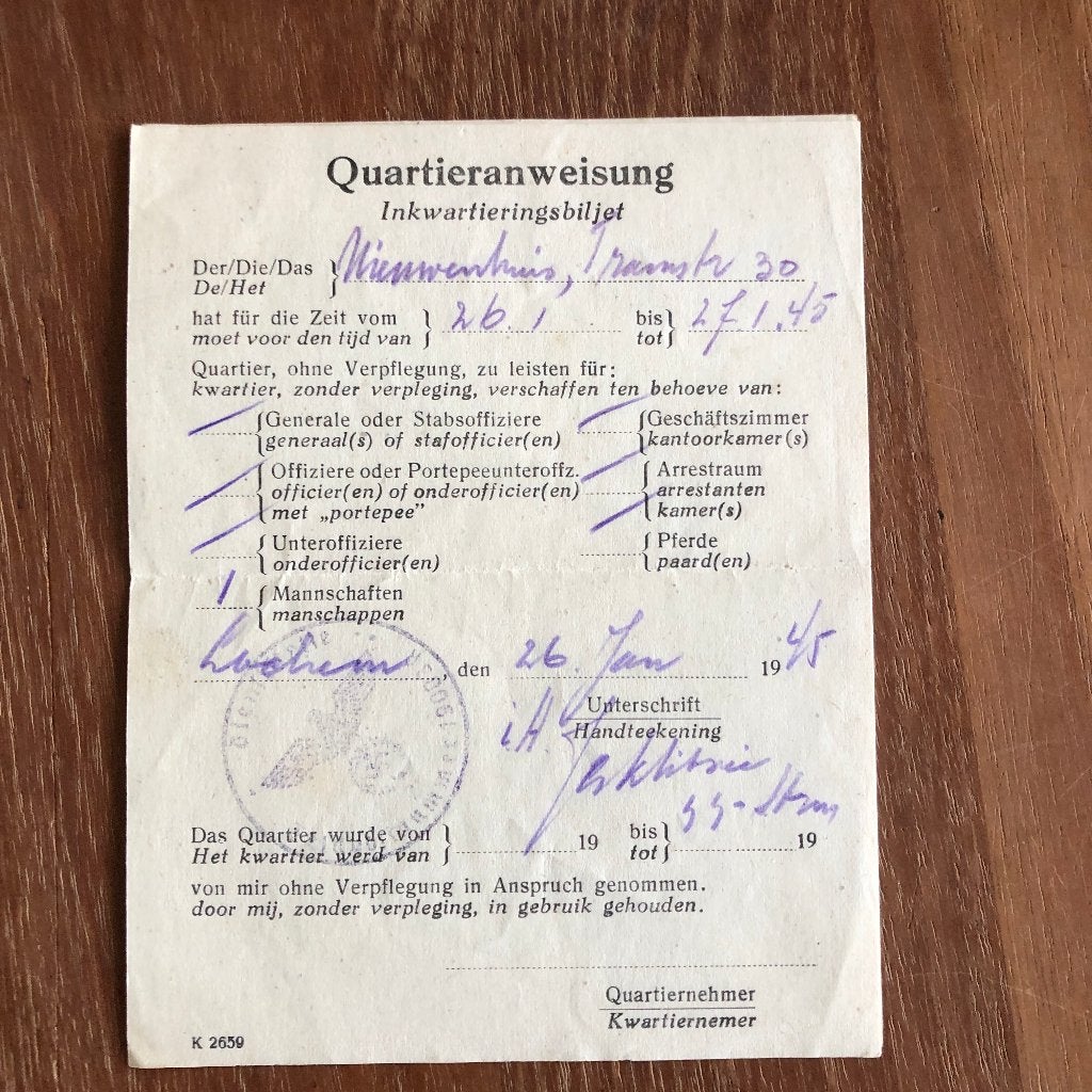 Lochem Twee Duitse Quartieranweisungen met de hand ingevuld:, Antiek en Kunst, Ophalen of Verzenden, Duitse Wehrmacht