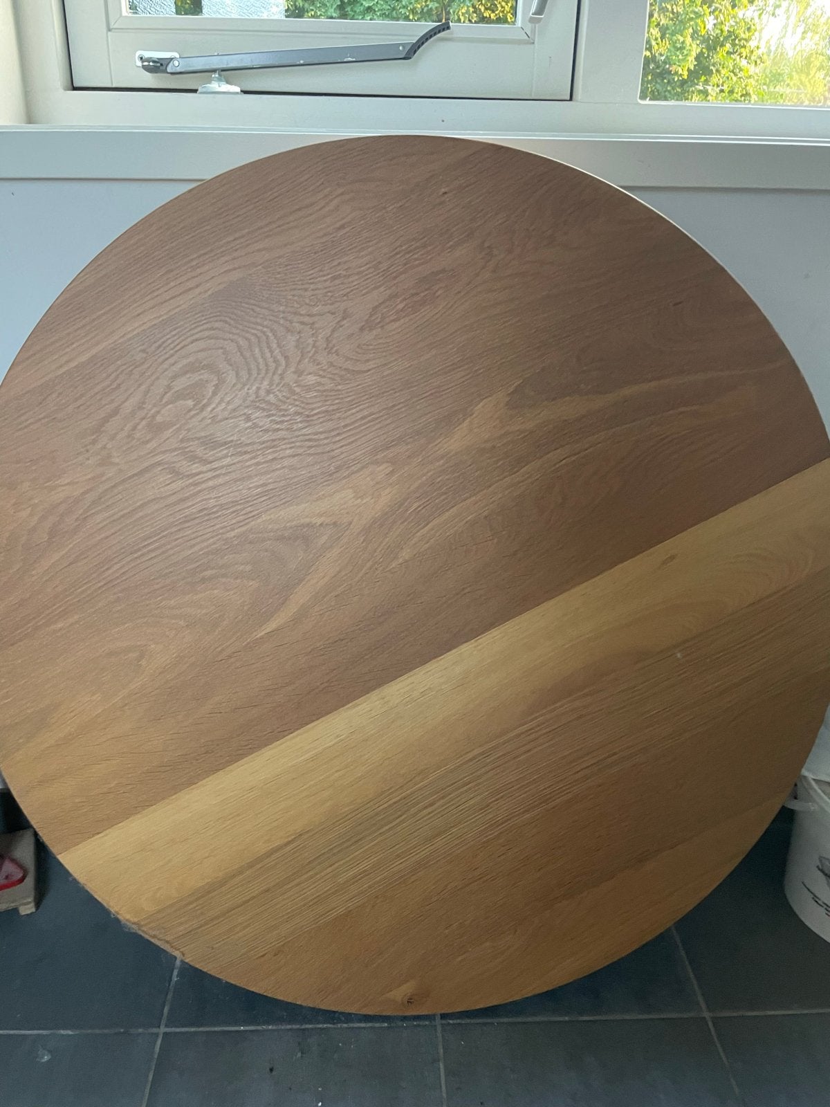 Rond eikenhouten tafelblad - 90 cm doorsnede, Ophalen, 50 tot 100 cm, Zo goed als nieuw, Eikenhout