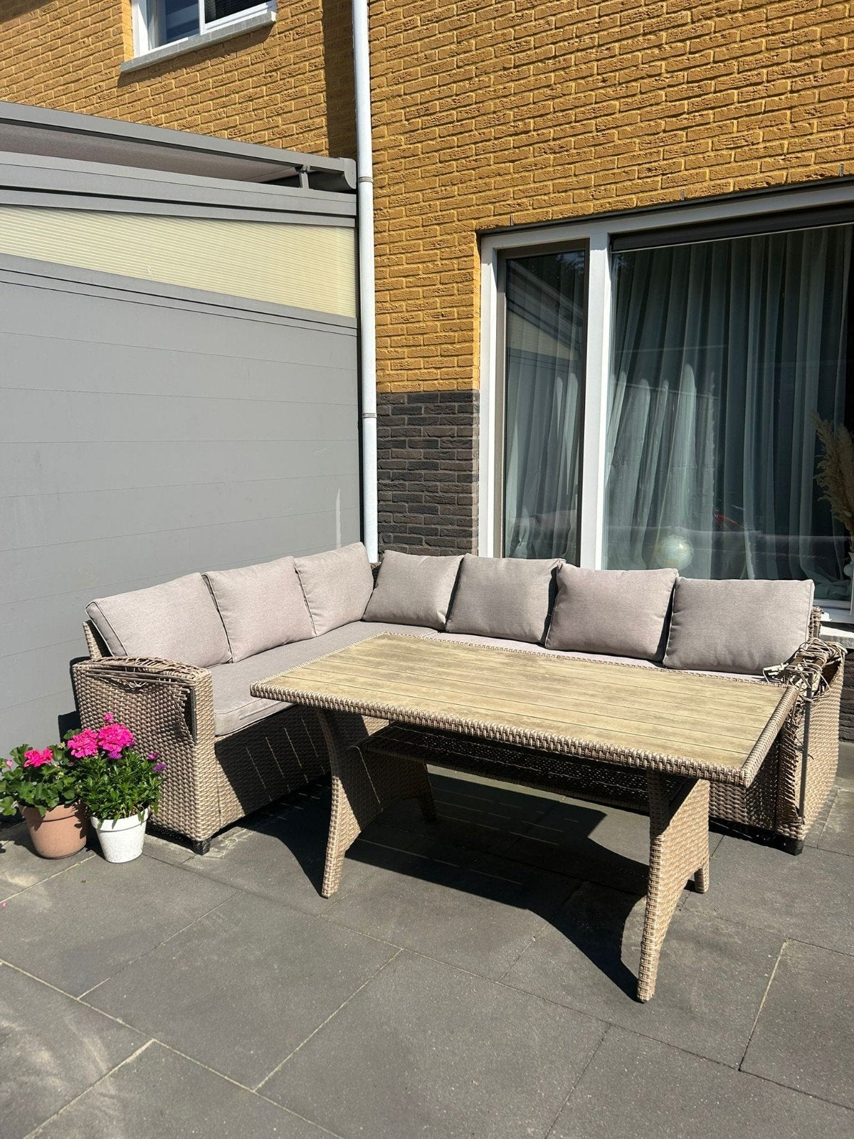 Tuinset met kussens en hoge tafel, Ophalen, 5 zitplaatsen, Gebruikt, Bank