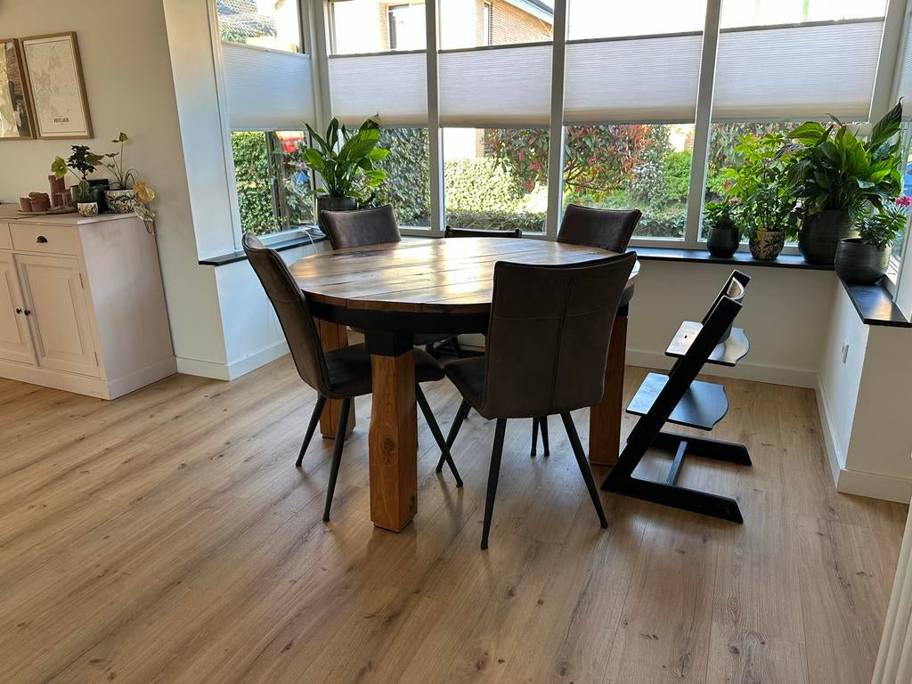 Massieve houten eettafel, Ophalen, Gebruikt, 100 tot 150 cm, Rond