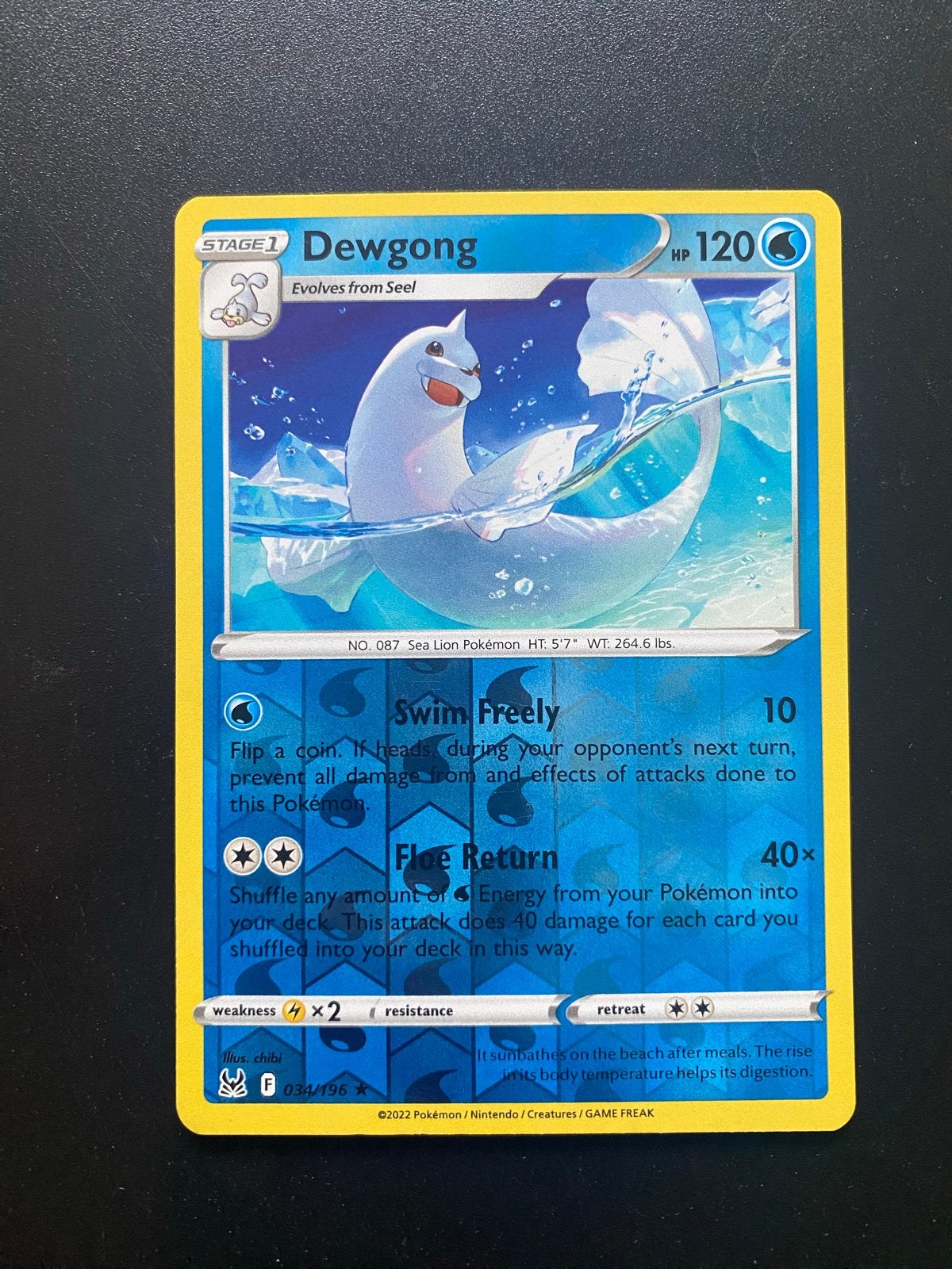 Dewgong 034/196 Reverse Holo Pokémon Lost Origin, Ophalen of Verzenden, Zo goed als nieuw, Losse kaart, Foil