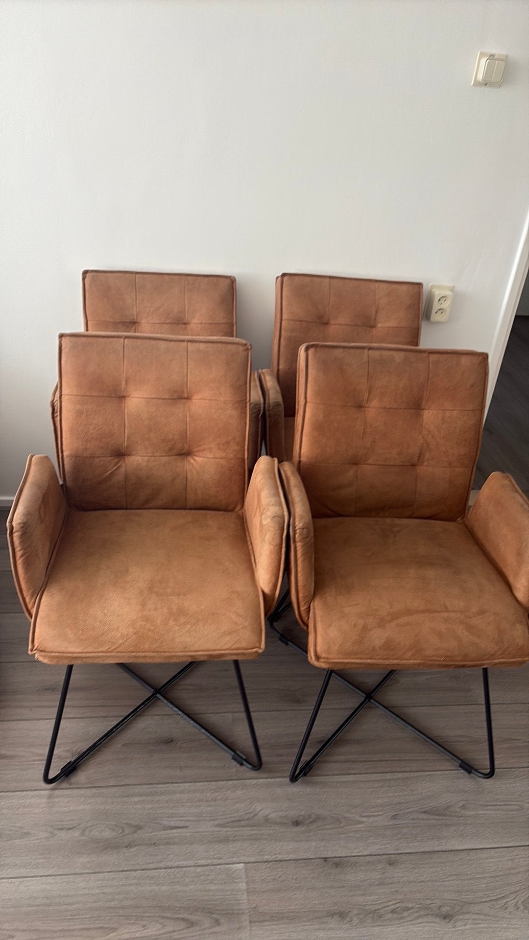 4 micro lederen cognac eetkamerstoelen, Huis en Inrichting, Stoelen, Ophalen, Bruin, Leer, Zo goed als nieuw