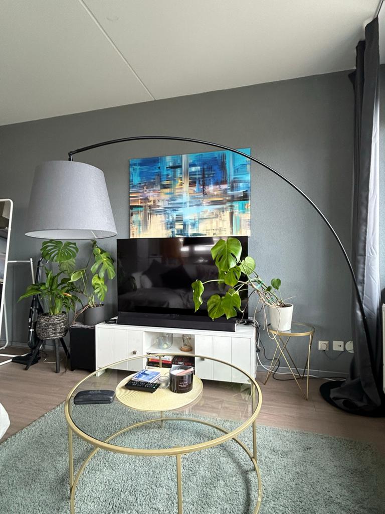 Grote booglamp met grijze kap(floor lamp), Ophalen, Zo goed als nieuw, Metaal, 200 cm of meer
