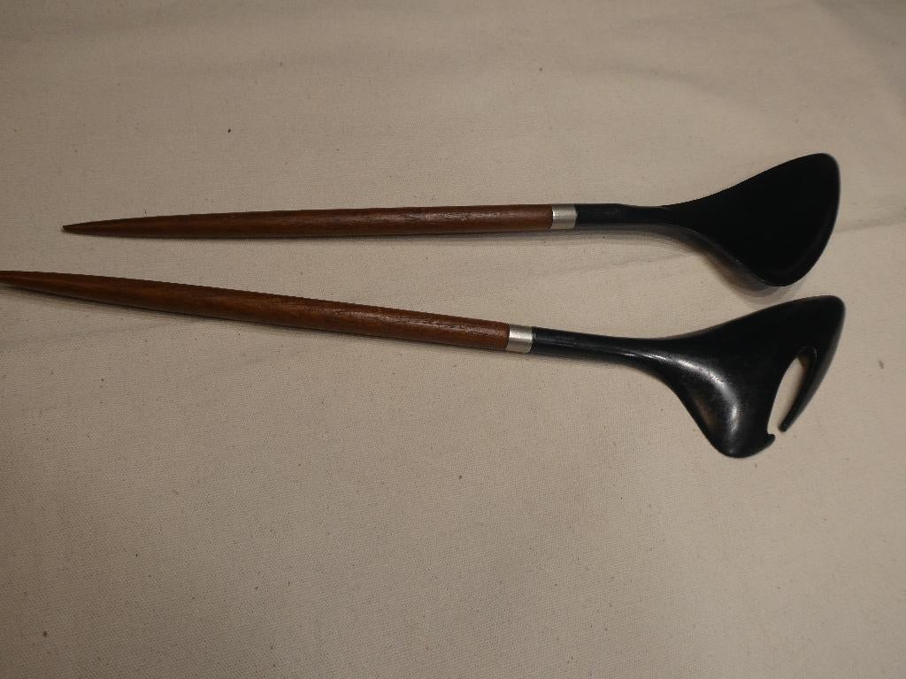 Vintage Deens salade bestek set van teakhout en melamine, Ophalen of Verzenden, Gebruikt, Kunststof