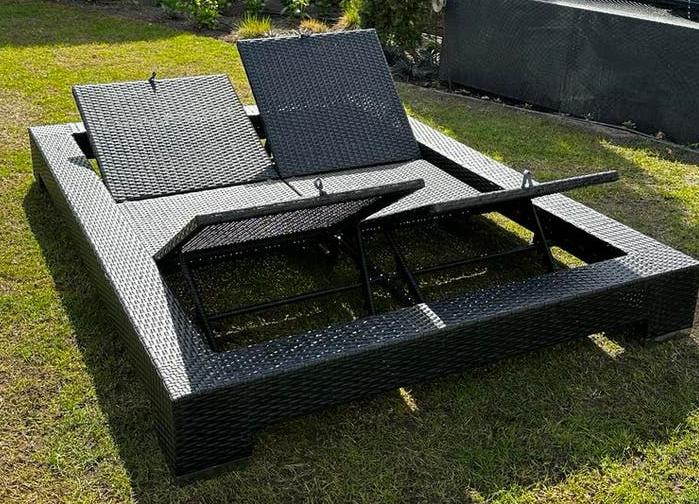 Wicker antraciet 2-persoons lounge ligbed met kussens, Tuin en Terras, Ligbedden, Ophalen, Zo goed als nieuw, Wicker, Verstelbaar