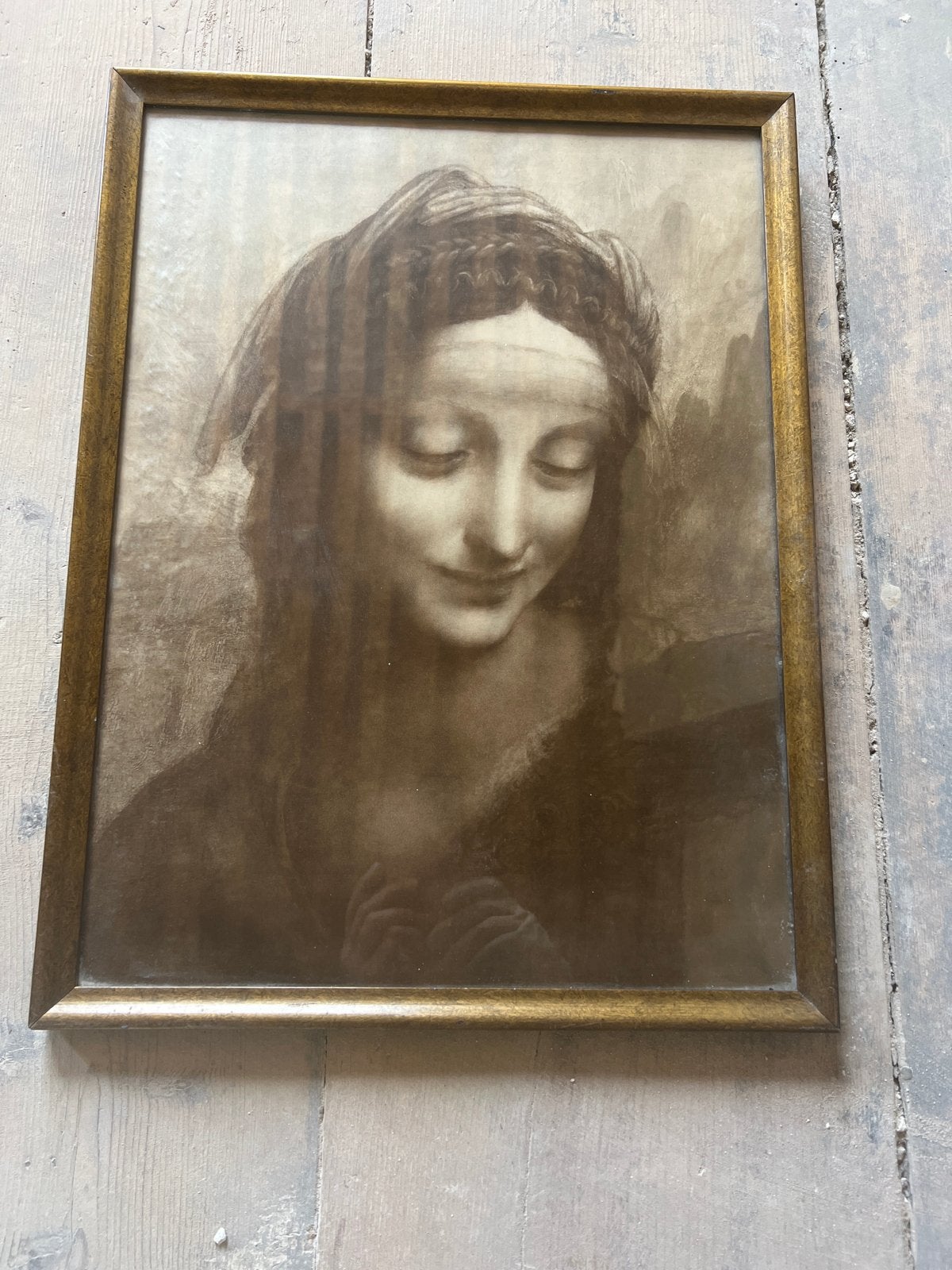 Vintage reproductie van Leonardo da Vinci's 'Leda en de Zwaa, Ophalen of Verzenden, Reproductie, Print/reproductie, Ingelijst