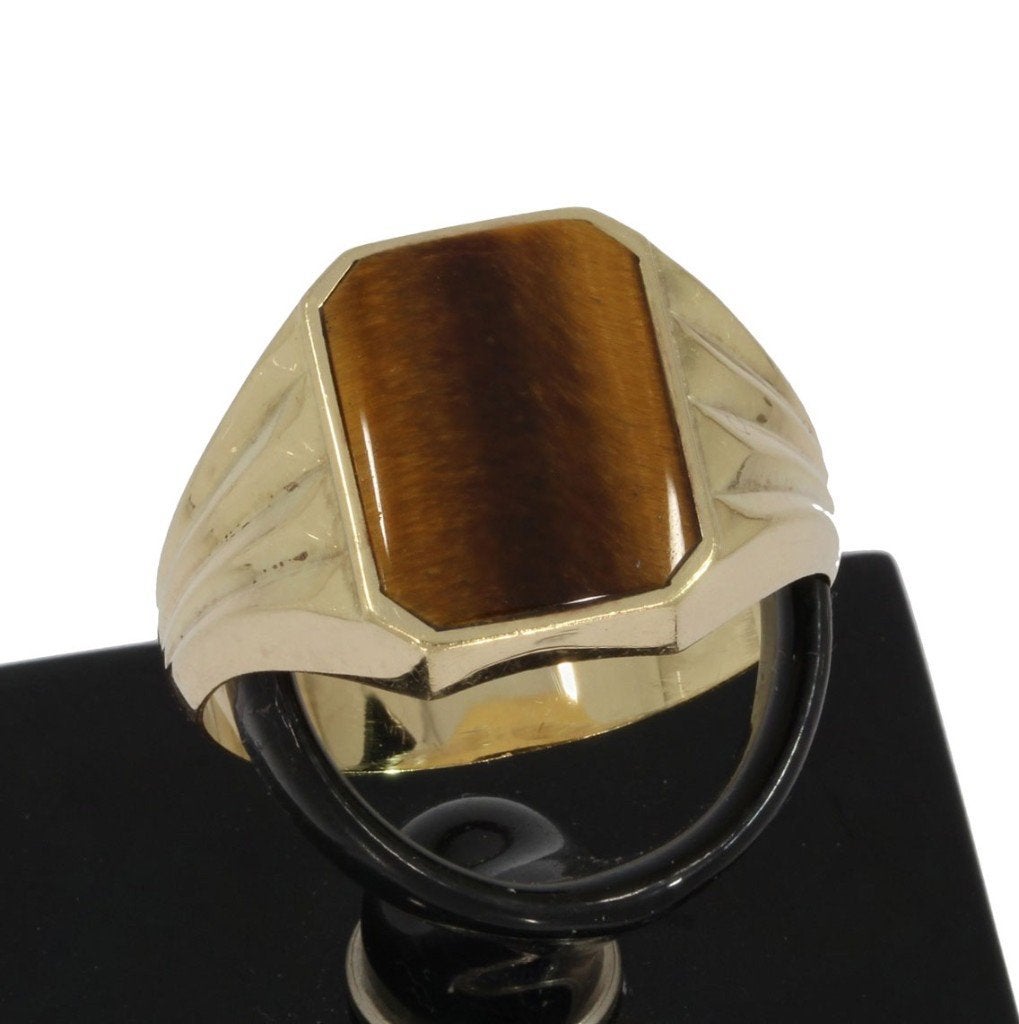 Tijgeroog 14k gouden vintage heren zegel ring fraai uniek, Iinfo@voordeelsieraden.nl, Voordeelsieraden, 19 tot 20, Heer