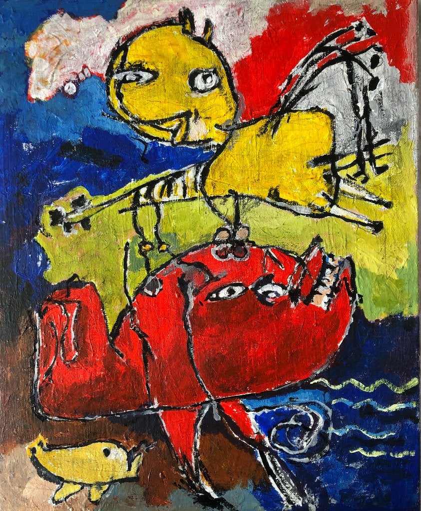 Modern kleurrijk schilderij, Antiek en Kunst, Verzenden, Ingelijst, Acrylverf, Abstract