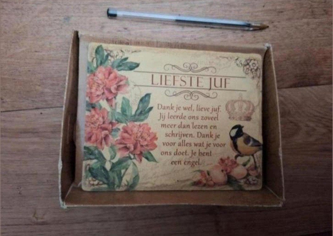 2 x Tegeltje 'Liefste Juf' met bloemen en vogel, Meerkleurig, Nieuw, Ophalen of Verzenden, Landelijk