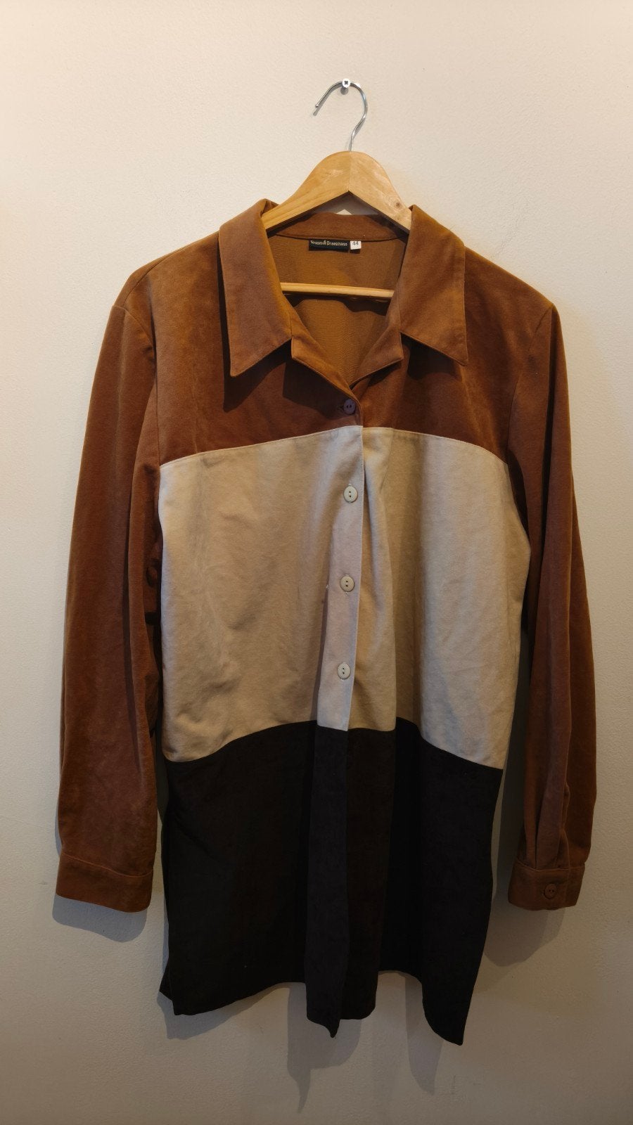 Vintage driekleurig overhemd - Bruin, beige, zwart, Vroom en Dreesmann, Bruin, Verzenden, Maat 42/44 (L)
