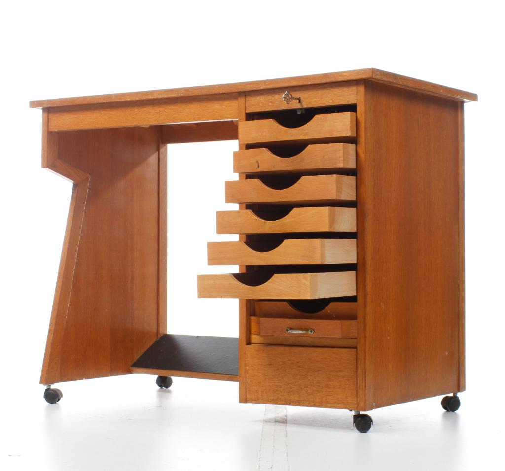 Klein midcentury modern bureautje met rolluik en laden, Ophalen, Gebruikt, Vintage, Onbekend