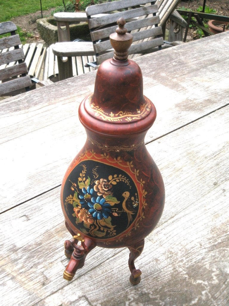 Antieke tinnen kraantjeskan met brander / warmhouder, Ophalen of Verzenden