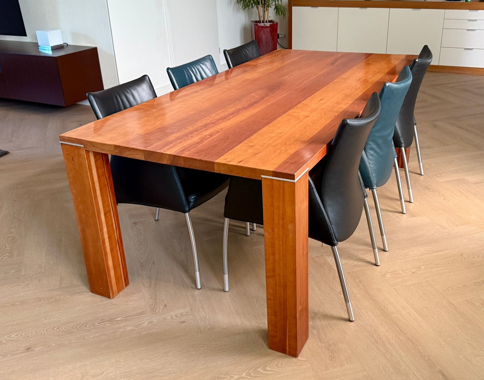 Unieke Massief Kersenhouten Eettafel, Handgemaakt, Ophalen, Strak modern, 200 cm of meer, 50 tot 100 cm