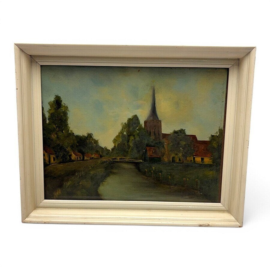 Hollandse School 20e eeuw - Dorp met kerk, Ophalen of Verzenden