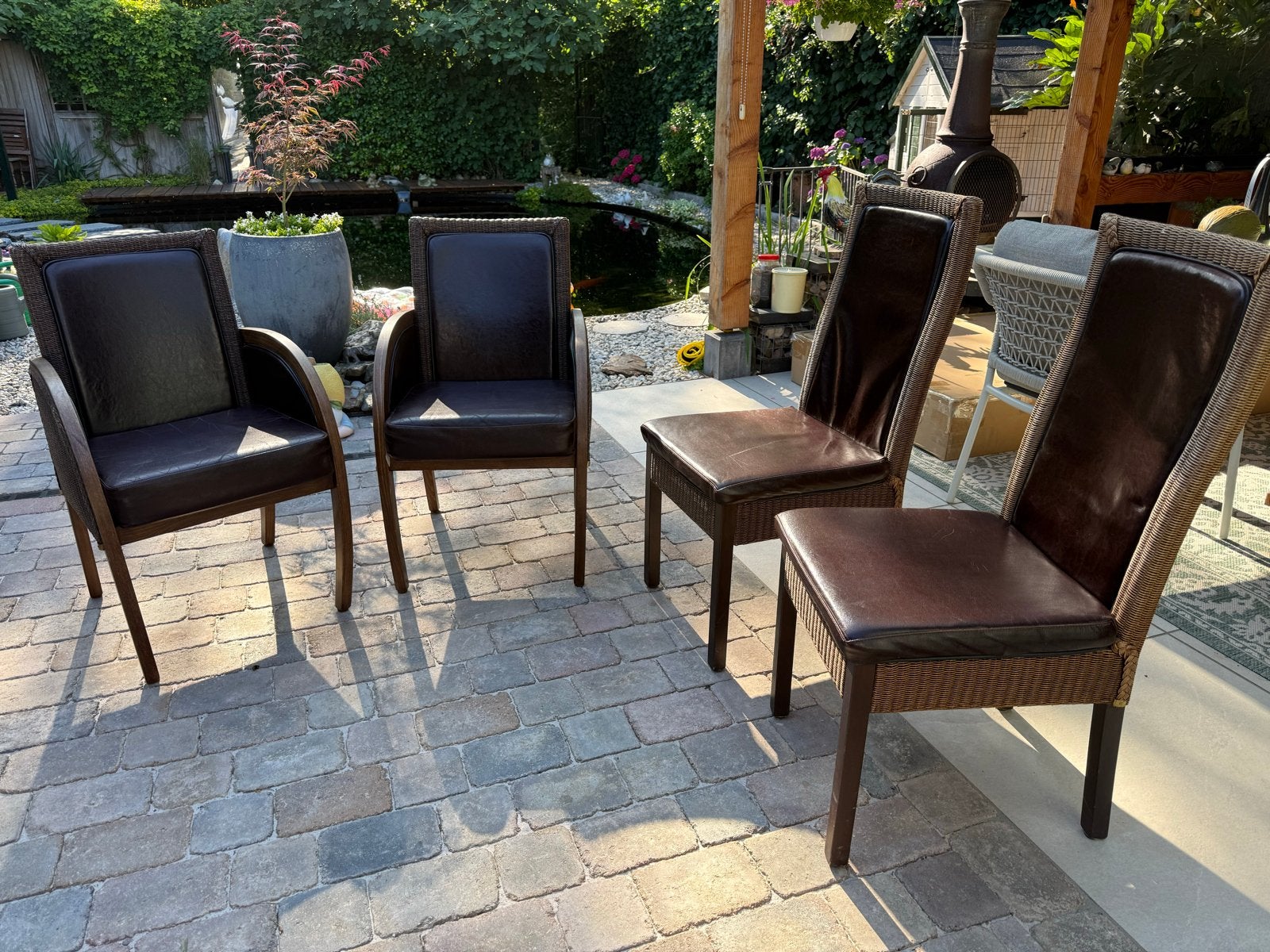 Loom stoelen van echt leer voor serre, overkapping of keuken, Huis en Inrichting, Ophalen, Bruin, Landelijk, vintage, Zo goed als nieuw