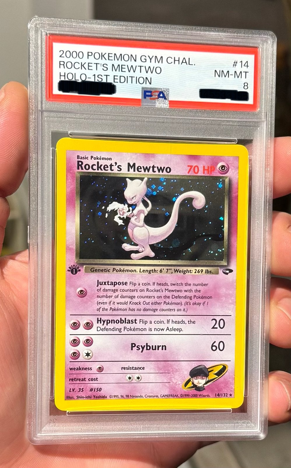 Rocket’s Mewtwo 1st Ed. Holo 14/132 - Gym 2000 - PSA 8, Ophalen