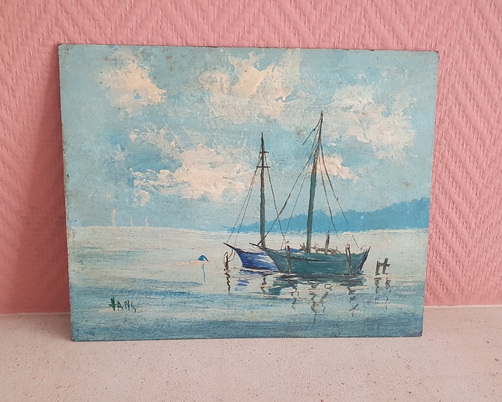 Olieverf schilderij met 2 vissersbootjes, Antiek en Kunst, Ophalen of Verzenden, Olieverf, Klassiek, Gesigneerd