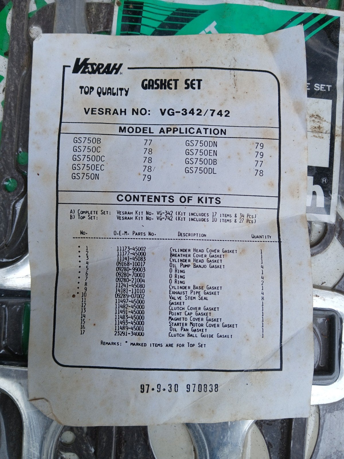Vesrah Gasket Set VG-342/742 voor Suzuki GS750 modellen, Ophalen of Verzenden