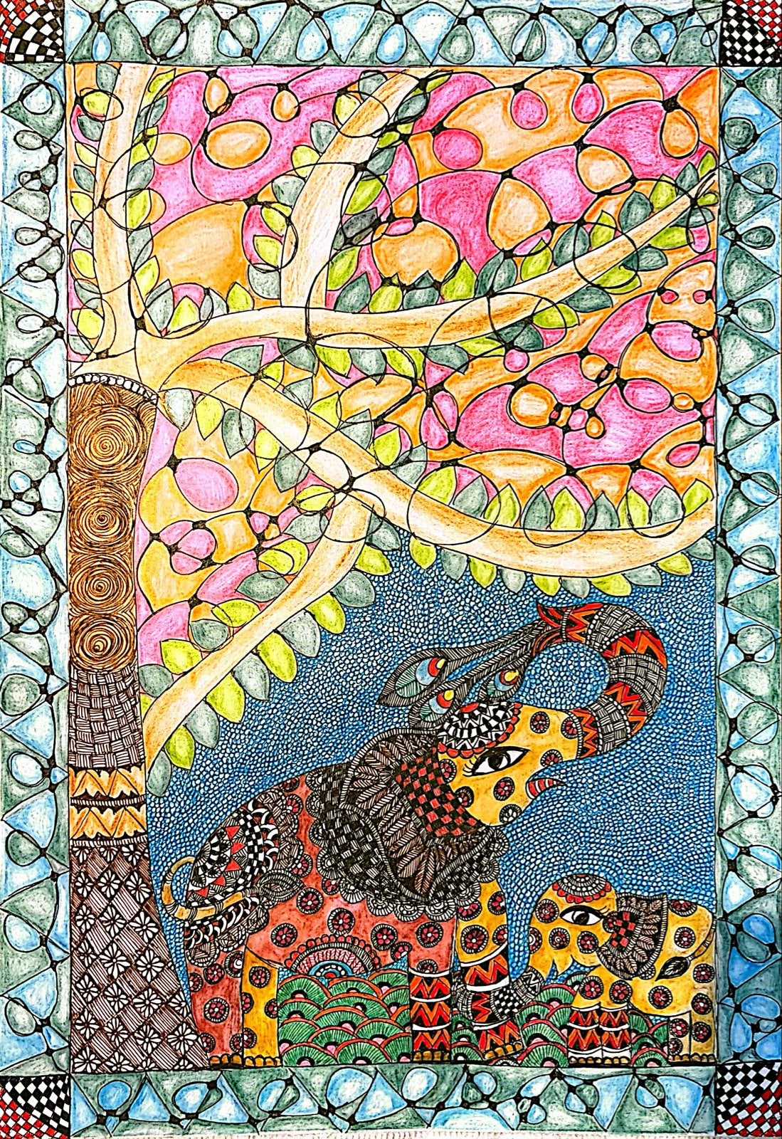 Unieke Indiase kunst: Madhubani & Neurografische art, Antiek en Kunst, Ophalen, Schilderij, India, 42 cm