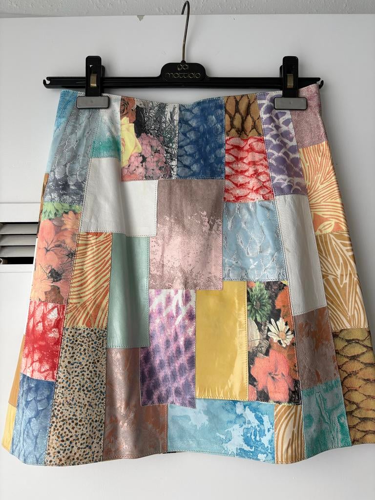 Roberto Cavalli Leren Patchwork Rok, maat S, Kleding | Dames, Rokken, Zo goed als nieuw, Maat 36 (S), Overige kleuren, Knielengte