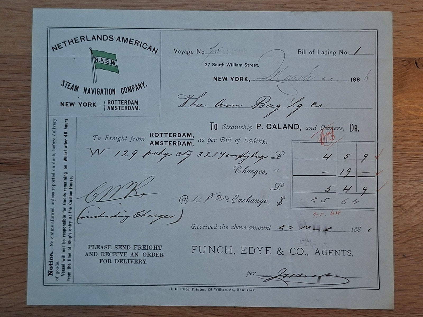 NASM vrachtbrief 1886 ss P. Caland Holland America Line, Verzamelen, Verzenden, Gebruikt, Gebruiksvoorwerp