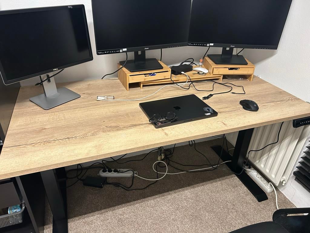 Euroseats Elektrisch Zit Sta Bureau 160x80 Zwart/Eiken + Sto, Ophalen, Elektrisch, Hout, Zo goed als nieuw