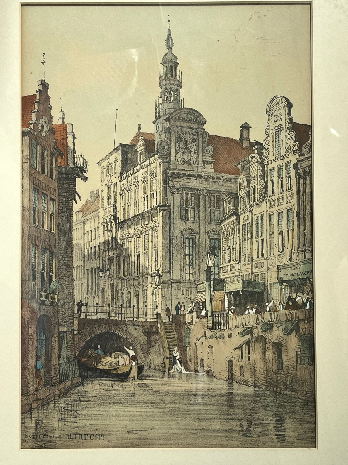 Samuel Prout - Originele steendruk uit 1833 Stadhuis Utrecht, Antiek en Kunst, Kunst | Etsen en Gravures, 1800 - 1899, Stadsgezicht