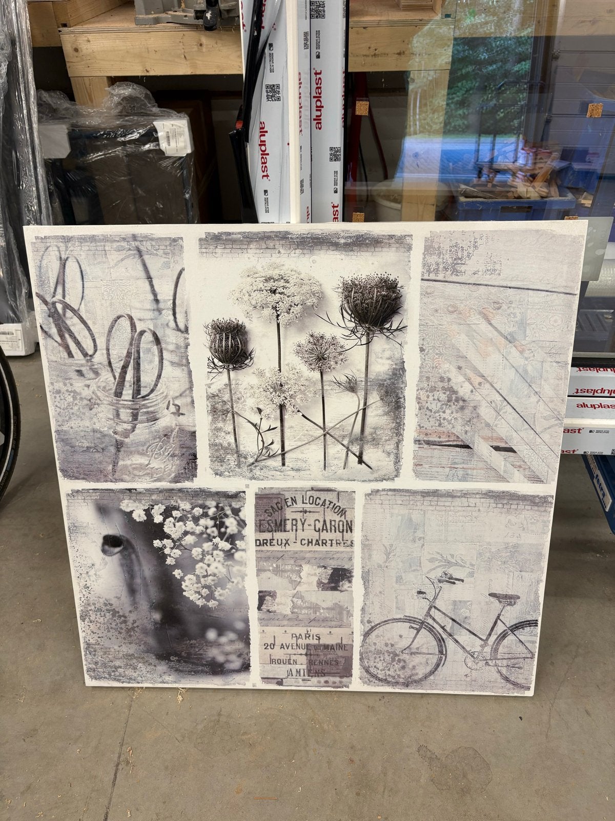 Decoratieve collage print - Zwart-wit 80x80 en fiets, Huis en Inrichting, 50 – 75, Gebruikt, Ophalen of Verzenden, Print