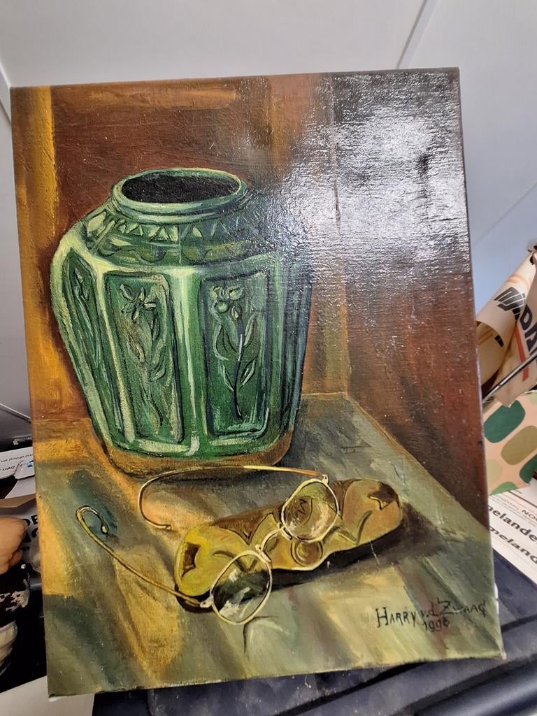 Schilderij stilleven vaas en bril, gesigneerd 1996, Ophalen of Verzenden