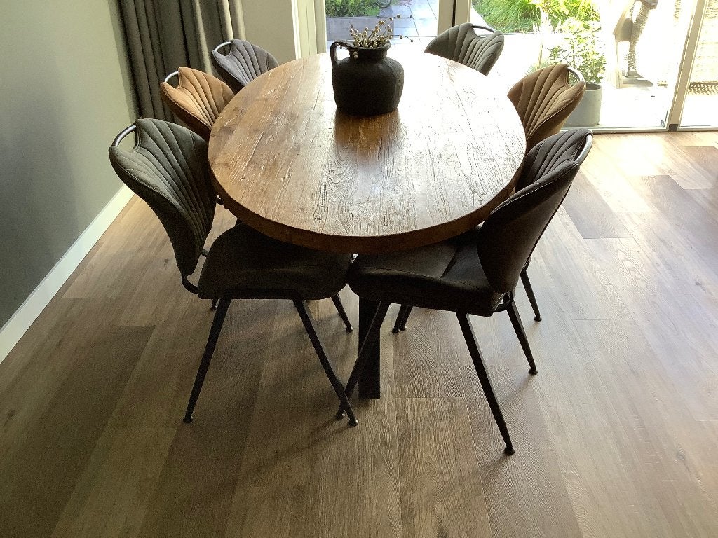 Eethoek compleet mango hout 200x100 en 6 stoelen, Ophalen, Gebruikt, 100 tot 150 cm, 200 cm of meer
