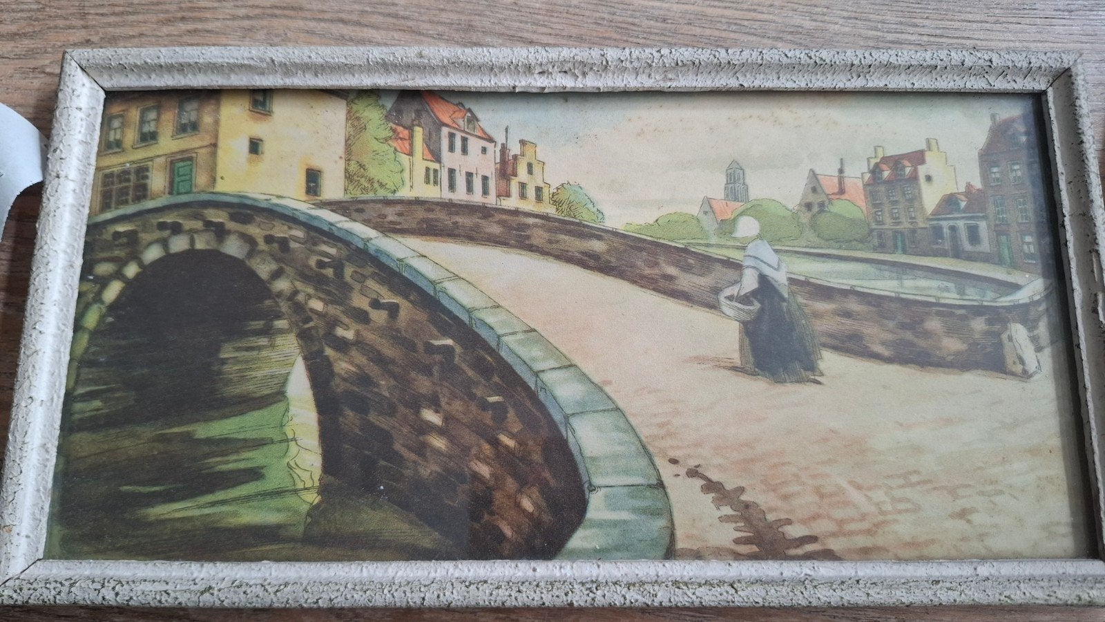 klein oud schilderijtje tekening Brugge, Achter glas, Ophalen of Verzenden, Landschap, Tekening