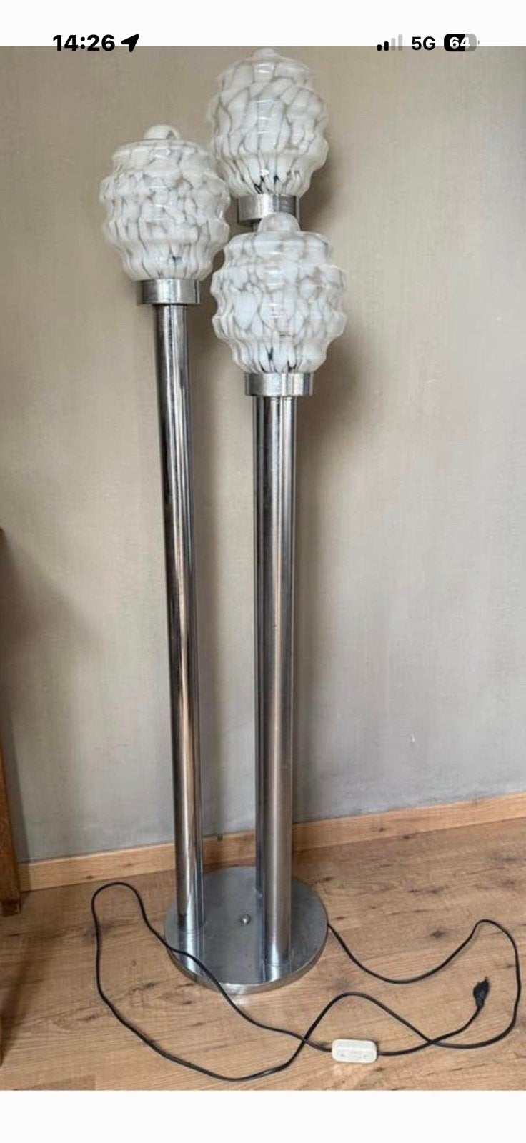Vintage Italiaanse vloerlamp – chrome & opaalglas, Ophalen, Gebruikt