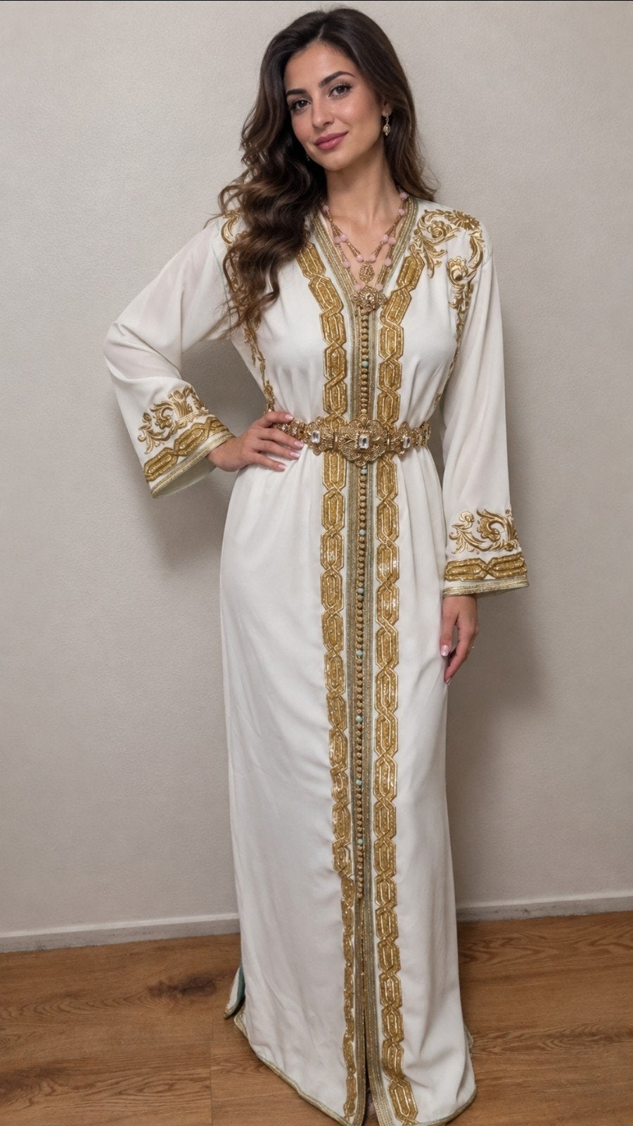 Kaftan met Gouden Borduurwerk en Riem, Wit, Maat 42/44 (L), Nieuw, Ophalen of Verzenden