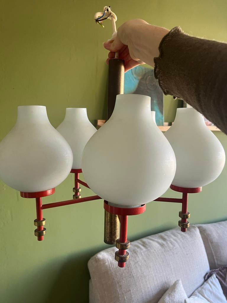 Vintage Mid-Century Kroonluchter – Rood Messing – Italiaans, Ophalen, Gebruikt, Glas, Minder dan 50 cm