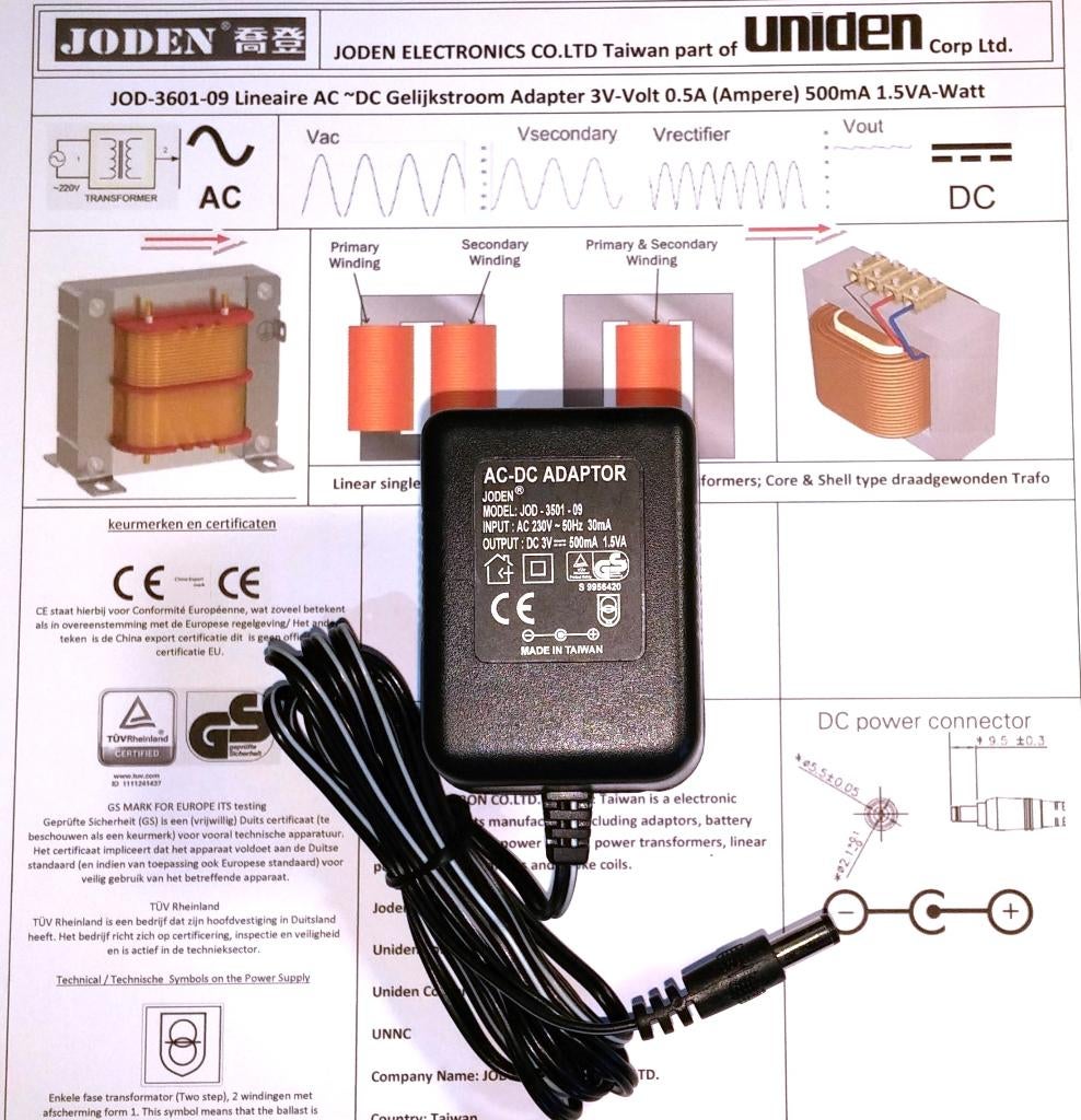 JODEN JOD-3501-09 3V 0.3A ~500mA AC Adapter Lader 2.1x5.5mm
