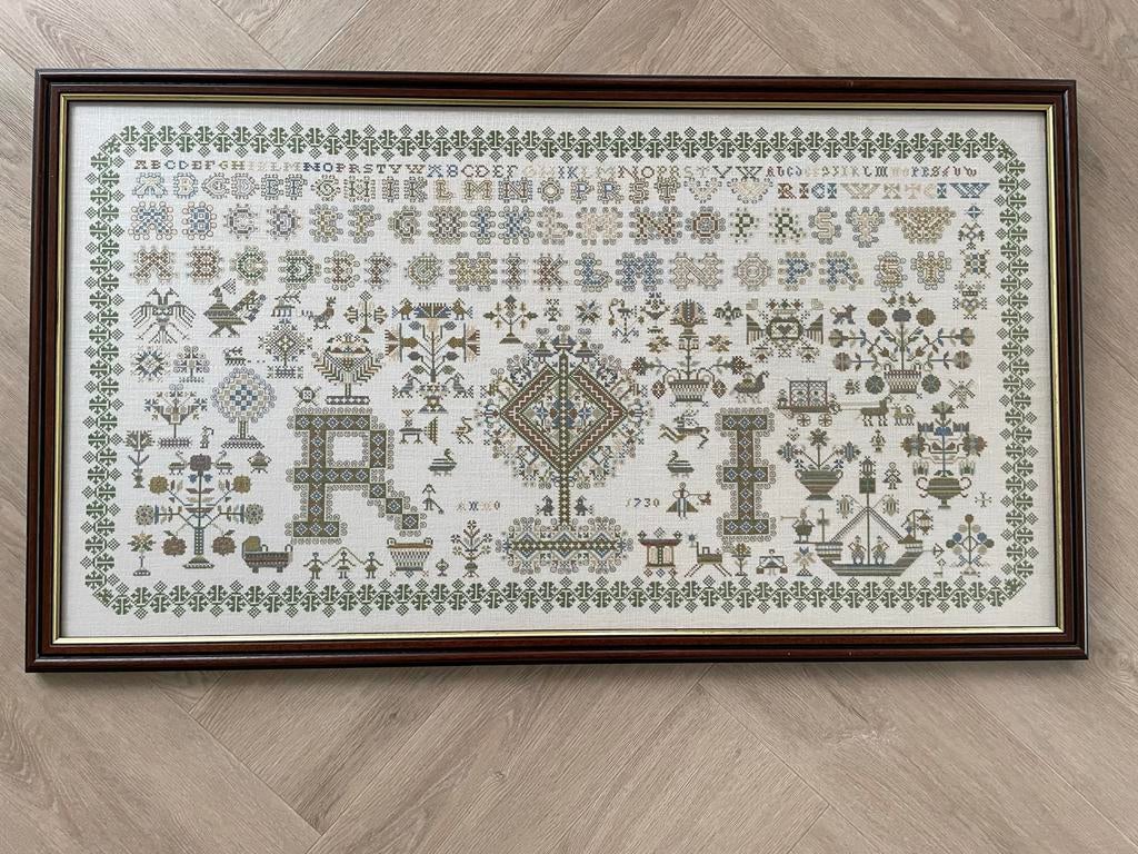 Oude Ingelijste Merklap - 90x50 cm, Ophalen of Verzenden