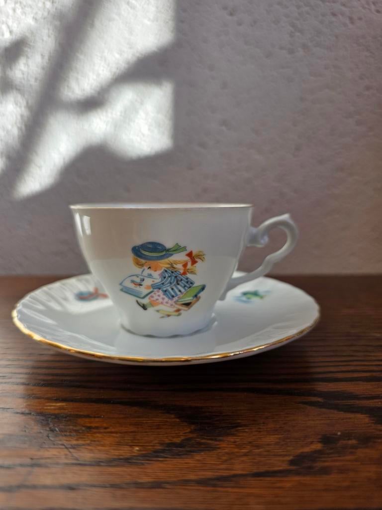 Vintage Kop en Schotel met Kindertekeningen, Ophalen of Verzenden