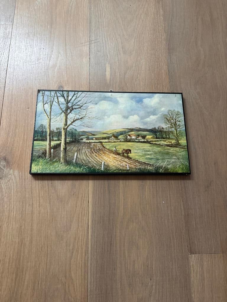 Schilderij Boerderijlandschap met Paard en Ploeg, Antiek en Kunst, Kunst | Schilderijen | Klassiek, Ophalen of Verzenden
