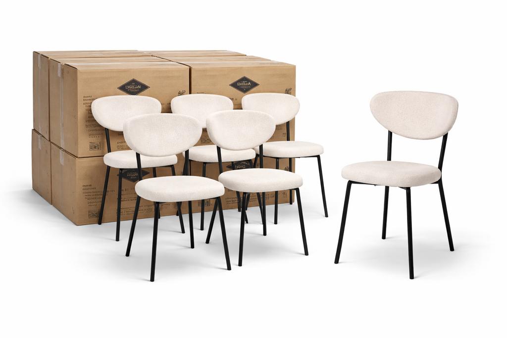 6 Nieuwe Giga Meubel Melanie Bouclé Beige Eetkamerstoelen, Ophalen, Wit, Nieuw, Metaal