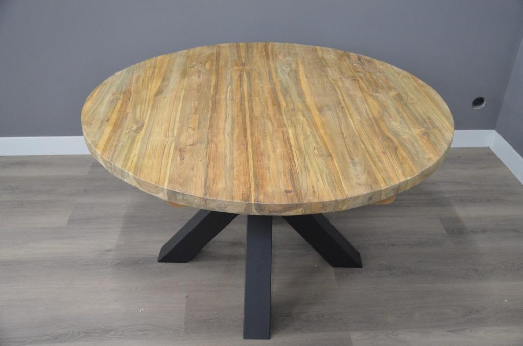 Ronde teak eettafel 130 cm doorsnede licht geborsteld, Huis en Inrichting, Tafels | Eettafels, Nieuw, Ophalen of Verzenden, 100 tot 150 cm