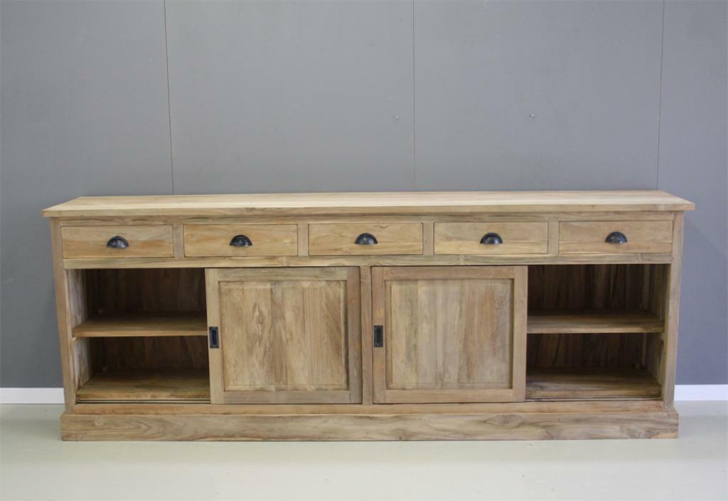 Dressoir teakhout 240cm breed, 4 deuren, 5 laden; Indoteak, Met deur(en), Teakhout, Nieuw, Ophalen of Verzenden